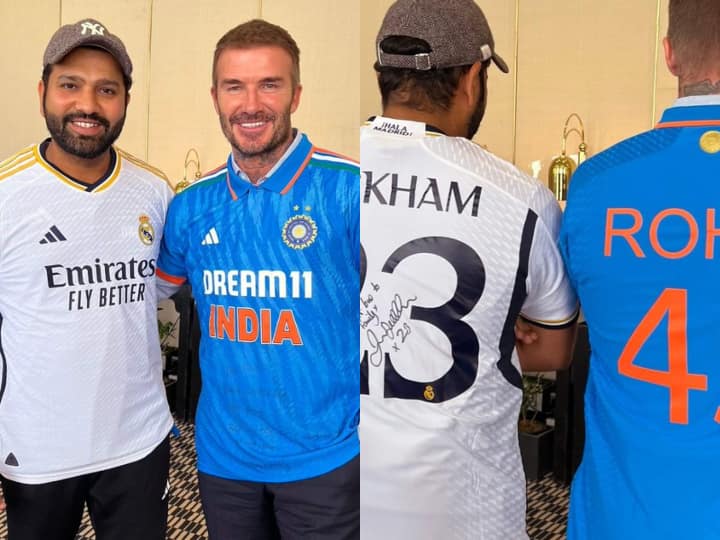 David Beckham & Rohit Sharma exchange Real Madrid-India jerseys World Cup 2023 sports news David Beckham: रोहित शर्मा और डेविड बेकहम ने टीम इंडिया और रियल मैड्रिड की जर्सी अदला-बदली की, तस्वीरें वायरल