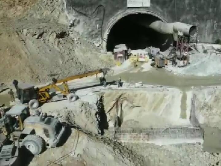 Aerial view of the collpased under-construction tunnel in Uttarkashi as rescue ops continue on war footing to save the 40 workers trapped inside after a portion collapsed. (Source: ANI)