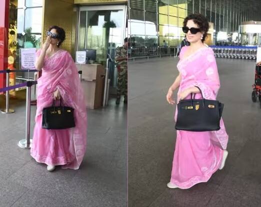 Kangana Ranaut Airport Look: બોલિવૂડ એક્ટ્રેસ કંગના રનૌત હાલમાં જ મુંબઇ એરપોર્ટ પર જોવા મળી હતી. ગુલાબી સાડીમાં એક્ટ્રેસની ચાર્મિંગ સ્ટાઈલ જોવા મળી હતી.