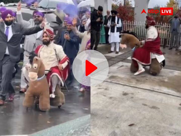 room took out a unique wedding procession sitting on a toy horse people laughed watch video दूल्हे ने खिलौने वाले घोड़े पर बैठ निकाली अनोखी बारात, Viral Video देख छूटी लोगों की हंसी