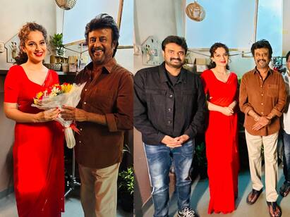rajinikanth with kangana ranaut at her new movie set picture goes viral Rajinikanth - Kangana Ranaut: இந்திய சினிமாவின் கடவுள்.. நேரில் வாழ்த்திய ரஜினிகாந்த்.. கங்கனா ரனாவத் நெகிழ்ச்சி!
