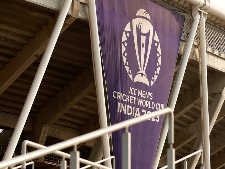A banner of the ICC Men’s Cricket World Cup 2023 hangs at the Narendra Modi Stadium in Ahmedabad, Gujarat ahead of the final match between India and Australia on Sunday. (Source: X/@icc)