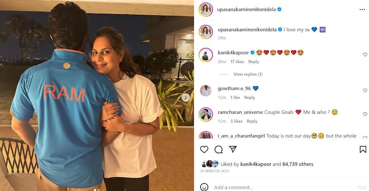 Upasana Konidela and Ram Charan showed their support for Team India by sharing pictures of them in Indian team's jerseys. She captioned the post, 