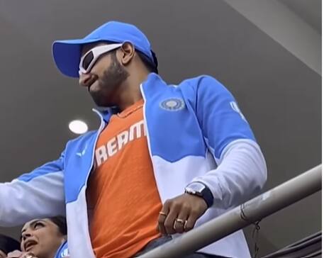 रणवीर सिंहचे  नरेंद्र मोदी स्टेडियम येथील फोटो सोशल मीडियावर व्हायरल झाले आहेत.