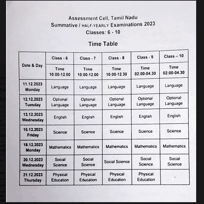 Half Yearly Exam Time Table: 6 முதல் 12ஆம் வகுப்பு மாணவர்களுக்கு அரையாண்டுத் தேர்வு எப்போது? இதோ அட்டவணை!