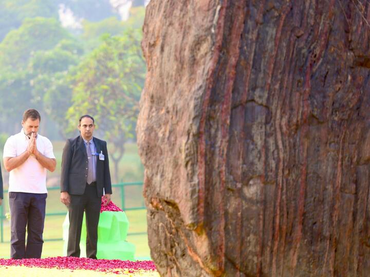 Congress leader Rahul Gandhi was also seen paying floral tribute to his grandmother Indira Gandhi. (Image Source: X/@IncIndia)R
