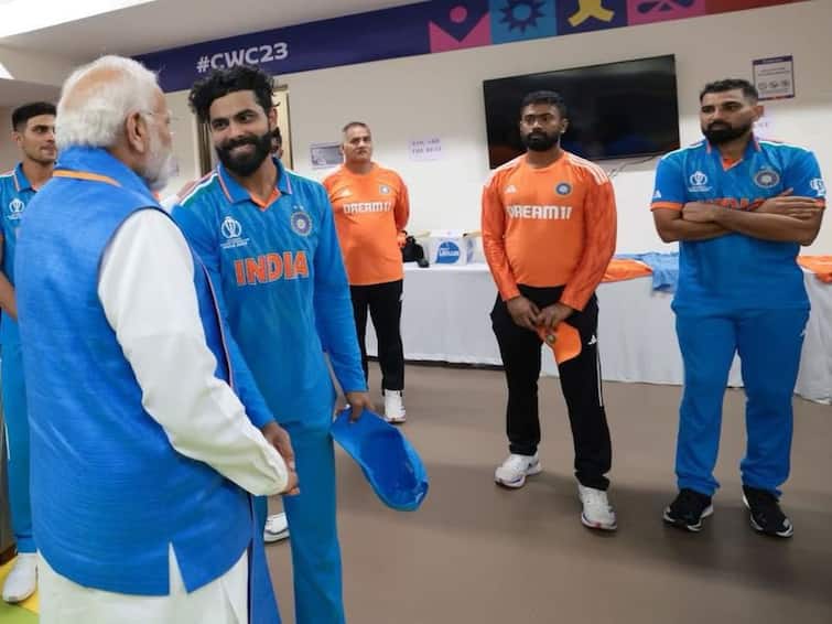 PM Modi Visits Team India Dressing Room After World Cup Final Defeat; Shami, Jadeja Share Pics PM Modi Visits Team India Dressing Room After World Cup Final Defeat; Shami, Jadeja Share Pics