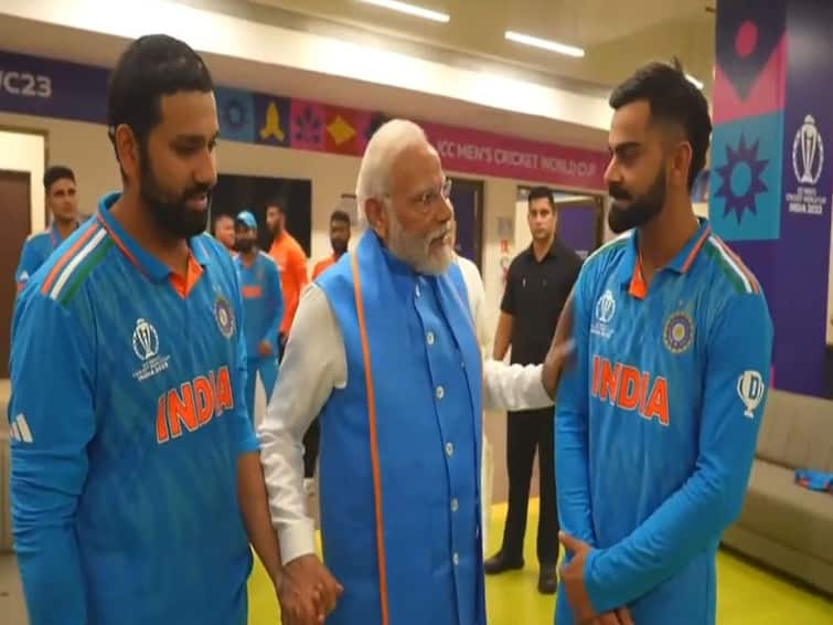 PM Modi Dressing Room Speech Video IND vs AUS World Cup 2023 Final Video Narendra Modi Stadium