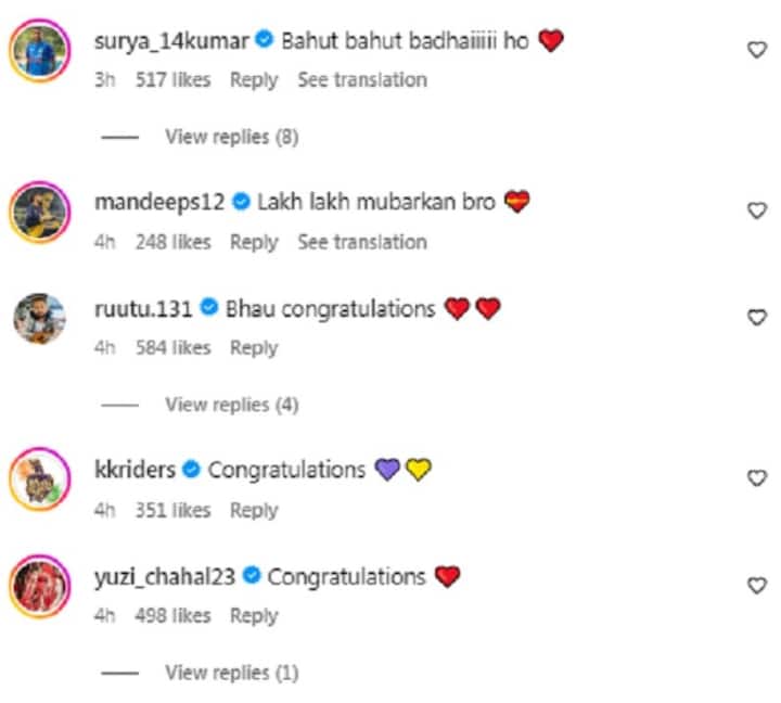 ઘણા ક્રિકેટરોએ આ અવસર પર વેંકટેશને અભિનંદન પાઠવ્યા છે, જેમાં અર્શદીપ સિંહ, અવેશ ખાન, મનદીપ સિંહ, શ્રેયસ ઐયર, નમન ઓઝા અને યુઝવેન્દ્ર ચહલનો સમાવેશ થાય છે.