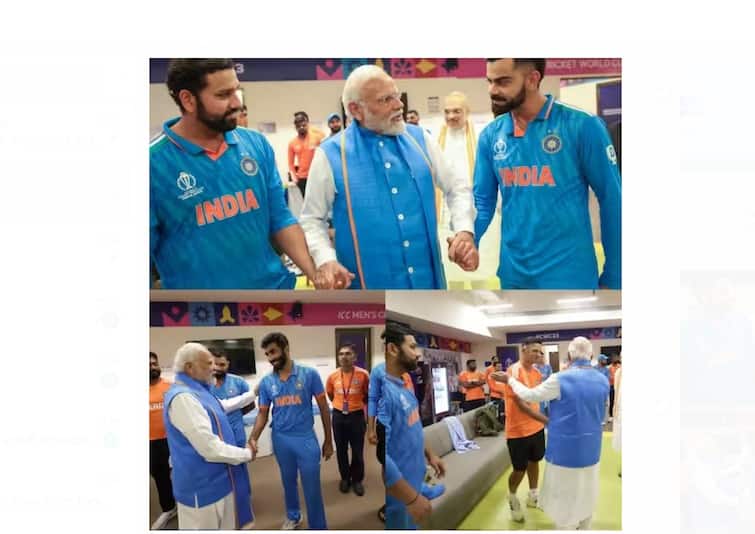 PM Narendra Modi met Team India in their dressing room after the ICC World Cup Finals at Narendra Modi Stadium in Ahmedabad india vs australia match VIDEO : राहुल कसं काय? कोहली अन् रोहितच्या हातात हात, शामीला शाबासकीची थाप; ड्रेसिंग रुममध्ये जाऊन PM मोदींकडून कौतुक