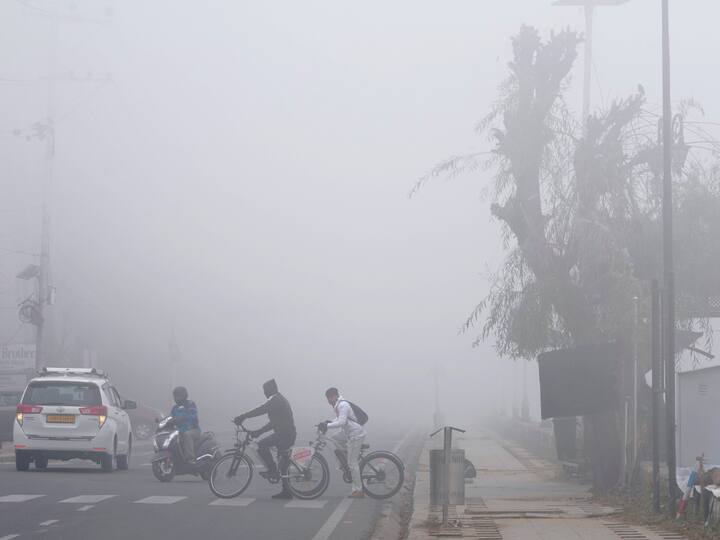 Dense fog engulfs Srinagar as cold wave intensified in Kashmir with temperatures dropping below freezing point. Image Source: PTI