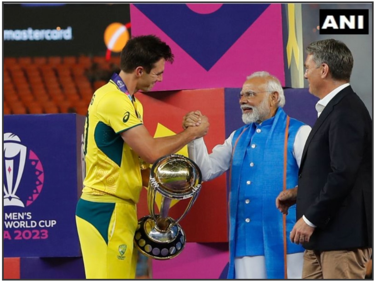 Screenshot of an ANI image showing Pat Cummins and Prime Minister Modi shaking hands. (Source: X/@ANI)