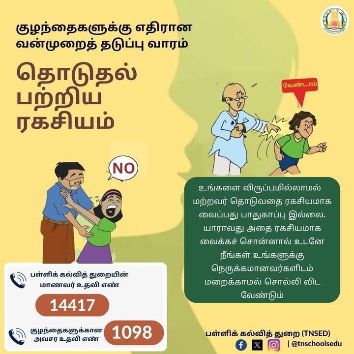 யாரவது உங்கலுக்கு விருப்பமில்லாத வகையில் உங்களிடம் நடந்து கொண்டால் உடனே உங்கள் பெற்றோரிடம் சொல்லவும்.