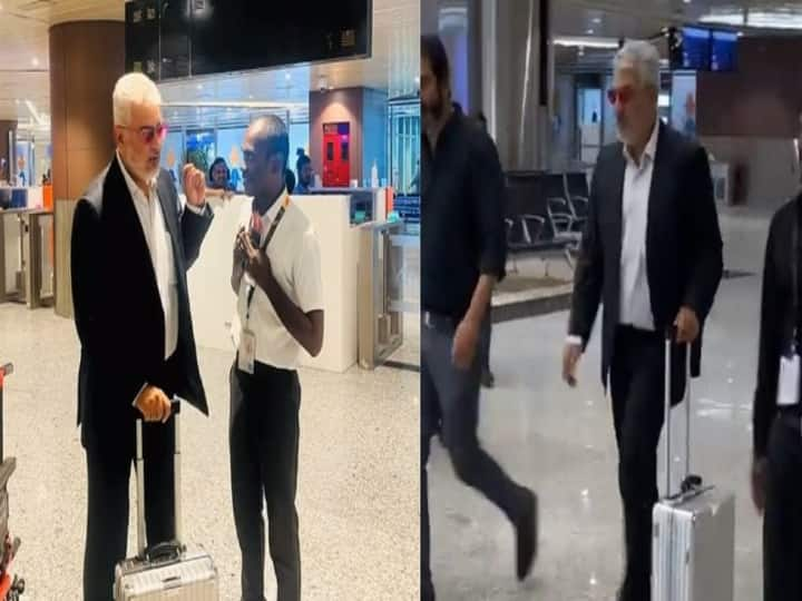 Ajithkumar sudden return to chennai from Vidaa Muyarchi shooting his video at chennai airport goes viral on grounds Ajithkumar at Chennai Airport: ஸ்டைலாக சென்னை வந்திறங்கிய அஜித்! திடீர் வருகைக்கு என்ன காரணம்? வைரலாகும் வீடியோ