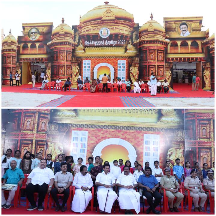 பிரம்மாண்டமாக அமைக்கப்பட்ட அரங்கின் முன்பாக புகைப்படம் எடுத்துக்கொண்டனர்