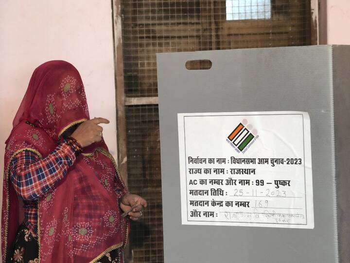 A woman at a polling booth to cast her vote in Pushkar. (Source: PTI)