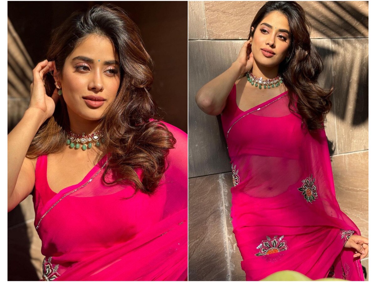 Janhvi Kapoor dazzles in an embellished peach saree at an event. Pics: |  Filmfare.com