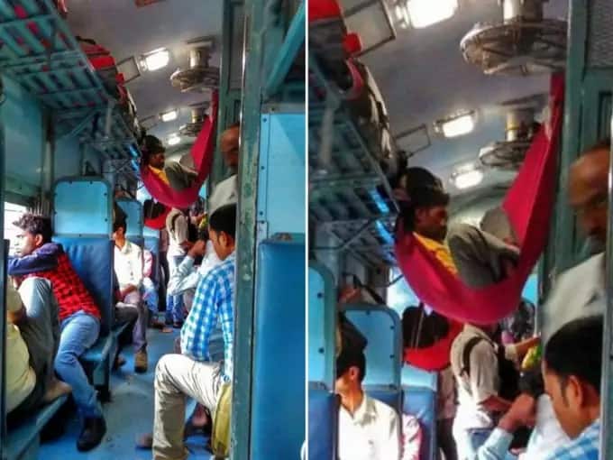 वायरल हो रही इस तस्वीर में शख्स सामान रखने वाले रैक के बीचोबीच कपड़ा बांधकर सोया हुआ है. ये तस्वीर सोशल मीडिया पर वायरल है.