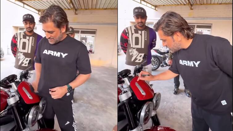 Mahendra Singh Dhoni seen cleaning fan's bike before signing autograph, video goes viral Mahendra Singh Dhoni: মাটির মানুষ মাহি! নিজের টি-শার্ট দিয়েই মুছলেন অনুরাগীর বাইক, দিলেন অটোগ্রাফ