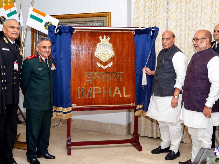 INS Imphal Rajnath Singh Unveils Crest Indian Navy Ministry Of Defence Manipur CM N Biren Singh Rajnath Singh Unveils Crest Of INS Imphal, Depicting Northeastern City's Heritage