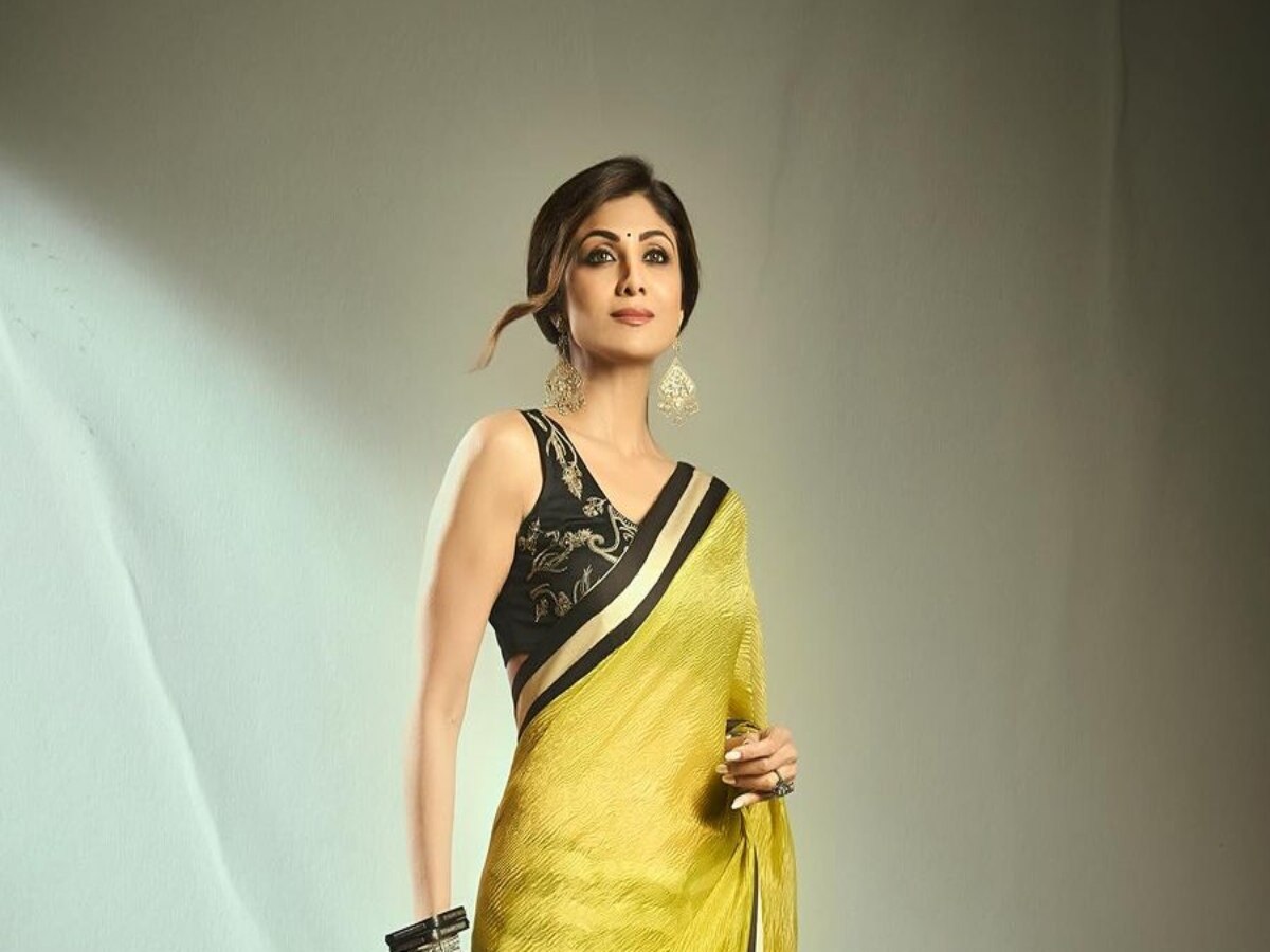 Shilpa Shetty Mustard Yellow One Shoulder Dhoti Sari | Sonam Luthria – KYNAH