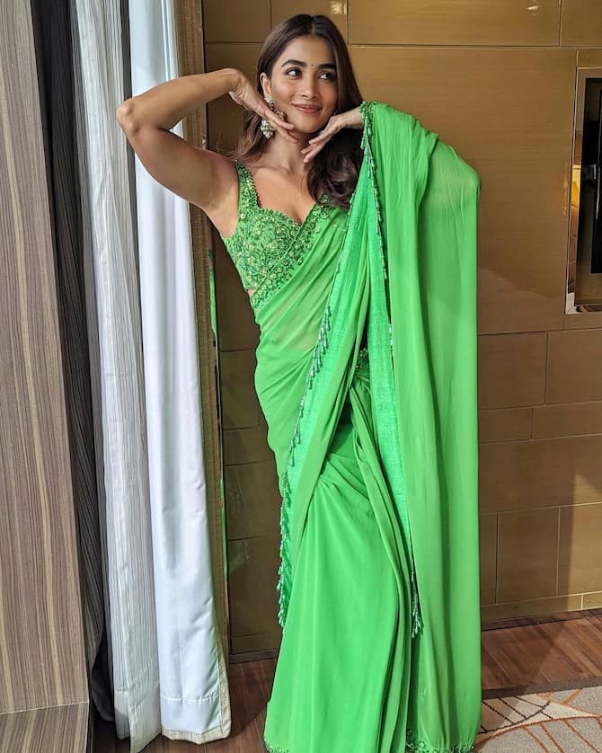 Pooja Hegde Looks Elegant In A Green Saree; Check Out Pics