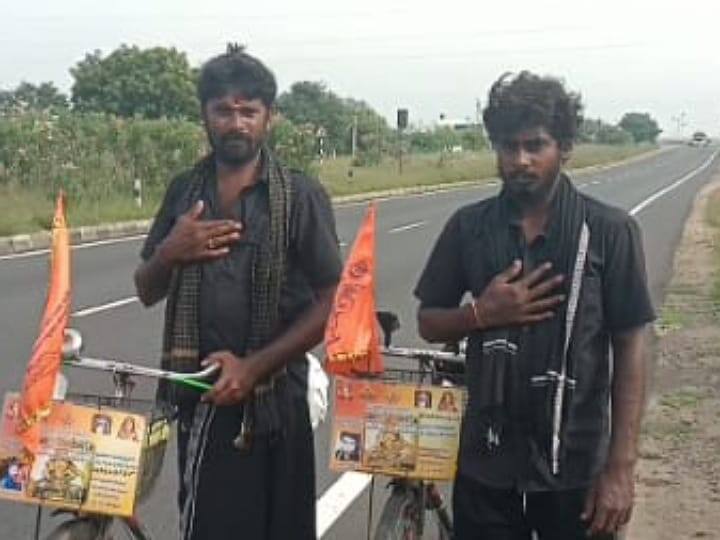 Ayyappa devotees cycle from Andhra state to Sabarimala via Karur TNN விசாகப்பட்டினம் - சபரிமலை....சைக்கிளில் பயணம்...கரூர் வந்த ஐயப்ப பக்தர்கள்