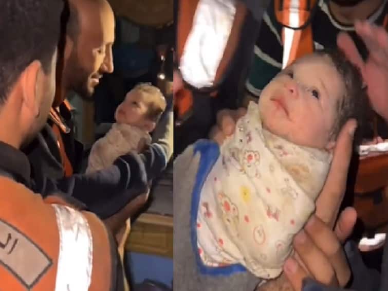Israel Hamas War  Viral Video Baby Found Alive In Rubble After 37 Days under the debris Israel Palestine : देवाक काळजी रे! गाझामध्ये 37 दिवस ढिगाऱ्या खाली राहूनही चिमुरडा बचावला; पाहा व्हिडीओ