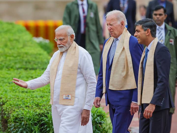 During their visit to Rajghat on the final day, Prime Minister Narendra Modi shared a moment with US President Joe Biden and United Kingdom Prime Minister Rishi Sunak. (Image Source: PTI)
