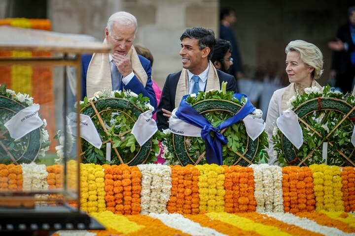 G20 leaders at the Mahatma Gandhi memorial Raj Ghat (Getty)