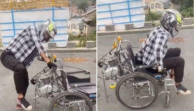 man did amazing jugaad fitted bike engine in wheelchair made automatic wheelchair viral video Viral Video: ਵ੍ਹੀਲਚੇਅਰ 'ਚ ਫਿੱਟ ਕੀਤਾ ਬਾਈਕ ਦਾ ਇੰਜਣ, ਬਣਾ ਦਿੱਤੀ ਆਟੋਮੈਟਿਕ ਵ੍ਹੀਲਚੇਅਰ, ਵਿਅਕਤੀ ਦਾ ਜੁਗਾੜ ਦੇਖ ਲੋਕ ਹੋਏ ਹੈਰਾਨ