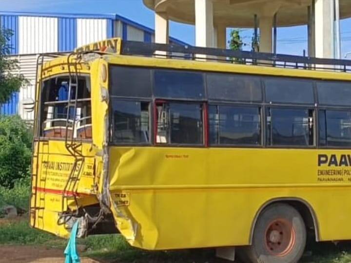 Karur accident lorry loaded with rice collided with a college bus in front TNN கரூரில் சைக்கிளில் குறுக்கே வந்த நபர்; பிரேக் போட்டதால் நேரிட்ட விபத்து