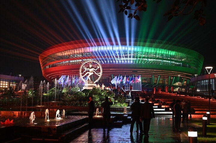Bharat Mandapam illuminated with colorful lights (Getty)
