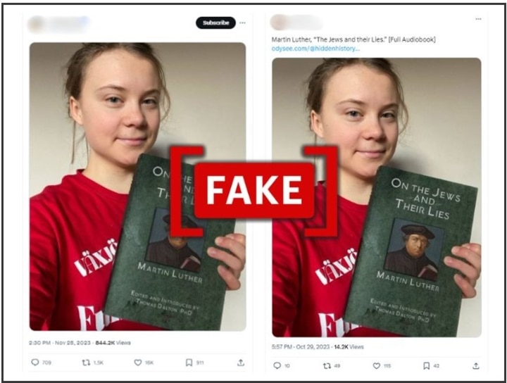 Fact Check: This Photo Of Swedish Activist Greta Thunberg Holding Antisemitic Book Is Edited