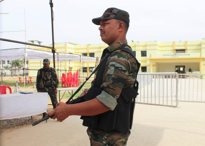 Chhattisgarh Chief Electoral Officer Reena Baba Saheb Kangale informed that a three-layer security mechanism is in place at each counting centre. Security personnel outside a strong room where Electronic Voting Machines (EVMs) are kept in Jagdalpur. (PTI Photo)