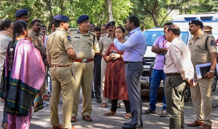 Greater Hyderabad Municipal Corporation Commissioner Ronald Rose (C) with Hyderabad Police Commissioner Sandeep Shandilya reviews arrangements for counting of votes for the Telangana Assembly election, in Hyderabad, Saturday, Dec. 2, 2023. (PTI Photo)