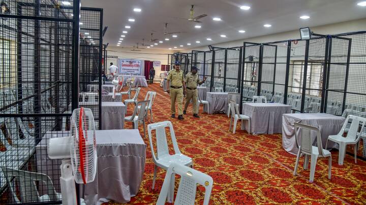 In Telangana, each counting centre is equipped with 14 tables, except for six constituencies with over 500 polling stations, where 28 tables will be set up.Policemen review arrangements for counting of votes, in Hyderabad, Saturday, Dec. 2, 2023. (PTI Photo)