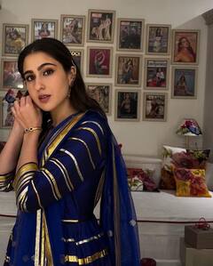 Sara Ali Khan photos : நீல நிற உடையில் அழகாக போஸ் கொடுக்கும் நடிகை சாரா அலி கான்..!