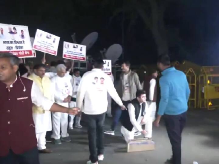 Congress party supporters celebrate with firecrackers before the counting of votes outside the Delhi party office. (Source: ANI)