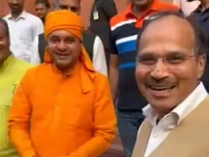 Rajasthan Elections 2023 New CM Adhir Ranjan Chowdhury Yogi Balaknath Parliament Video 'Rajasthan Ke Naye CM': Congress MP Adhir On Meeting BJP's 'Yogi' Balaknath — WATCH