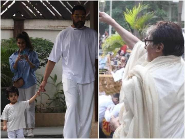 Abhishek Bachchan and Naina Bachchan son accompany Amitabh bachchan as he greets fans on sunday at jalsa Abhishek Bachchan के साथ ये नन्हा बच्चा कौन? बिग बी की फैन फॉलोइंग देखने पहुंचा जलसा