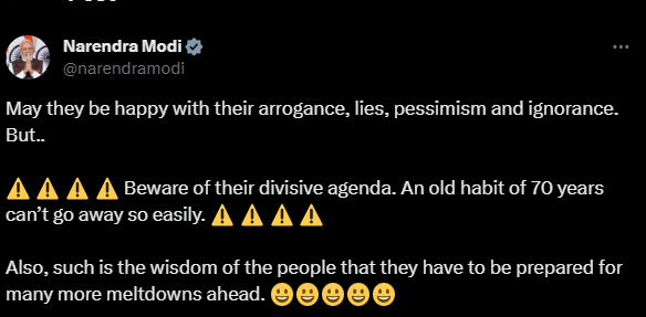 अहंकार, झूठ, निराशावाद और अज्ञानता से खुश रहें वो लोग...', हिंदी हार्टलैंड में जीत के बाद विपक्ष पर पीएम मोदी का वार