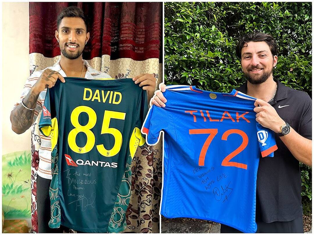 Tilak Varma, Tim David, Mumbai Indians Teammates, Exchange Jerseys After IND vs AUS Series Tilak Varma, Tim David, Mumbai Indians Teammates, Exchange Jerseys After IND vs AUS Series Tilak Varma, Tim David, Mumbai Indians Teammates, Exchange Jerseys After IND vs AUS Series
