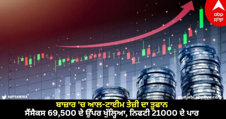 stock market opening  today at record high level again nifty near 21k and sensex above 69500 level bank nifty Stock Market Opening: ਬਾਜ਼ਾਰ 'ਚ ਆਲ-ਟਾਈਮ ਤੇਜ਼ੀ ਦਾ ਤੂਫਾਨ, ਸੈਂਸੈਕਸ 69,500 ਦੇ ਉੱਪਰ ਖੁੱਲ੍ਹਿਆ, ਨਿਫਟੀ 21000 ਦੇ ਪਾਰ