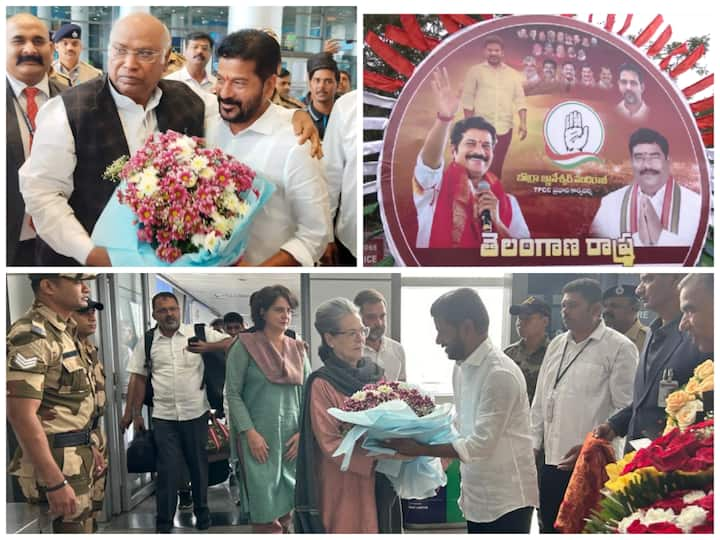 Posters adorned the streets of Hyderabad as Revanth Reddy is set to take oath as Telangana Chief Minister. Senior Congress leaders arrived in the state for the ceremony.