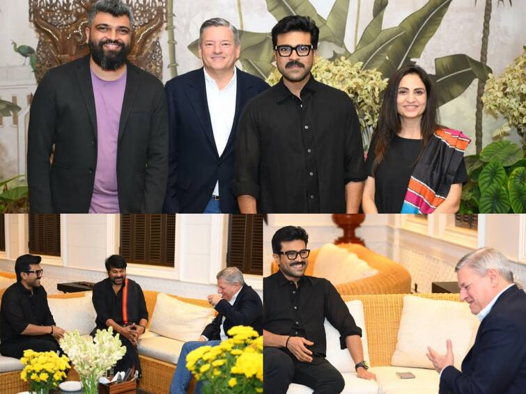 netflix ceo Ted Sarandos headed directly to the residence of Global star  RamCharan Netflix: சிரஞ்சீவி, ராம் சரணை நேரில் சந்தித்த நெட்ஃப்ளிக்ஸ் தலைமை அதிகாரி - வைரலாகும் போட்டோஸ்!