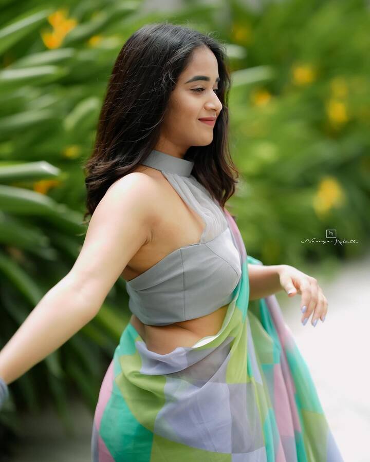 ఈ అందమైన చీరకు స్లీవ్​ లెస్​ బ్లౌజ్ పెయిర్ చేసింది.