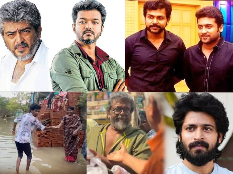 Cyclone Michaung Chennai Floods Actors Including Suriya KPY Bala Extended Their Support to Flood Affected Peoples Cyclone Michaung: வெள்ளத்தில் தத்தளிக்கும் சென்னைவாசிகள்! மக்களைத் தேடிச்சென்று உதவிய பிரபலங்கள் இவர்கள்தான்!