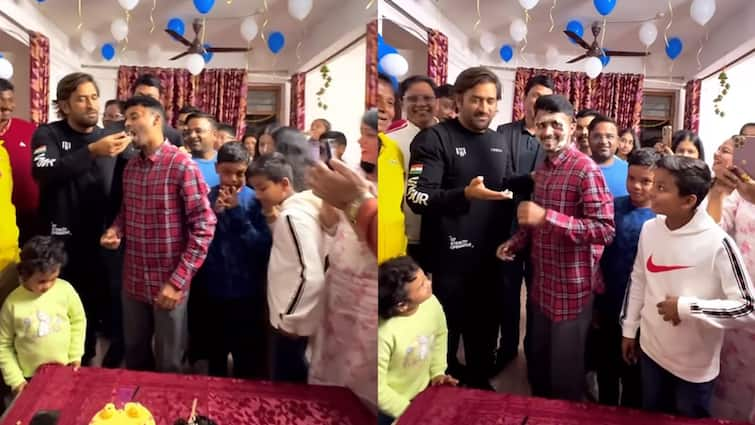 MS Dhoni seen at fan's birthday celebration, video goes viral MS Dhoni: পৃথিবীর সবথেকে ভাগ্যবান মানুষ! অনুরাগীর জন্মদিন উদযাপনে হাজির স্বয়ং ধোনি