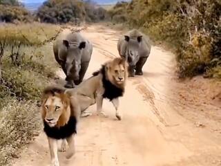 जब जंगल के राजा की निकली हेकड़ी, पीछे से आ रहे गैंडे को देख दुम दबाकर भागने को मजबूर हुए शेर खान, देखें Video